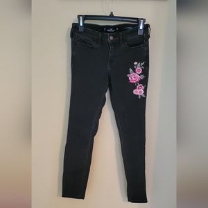 Black embroidered rose jeans